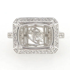 Sterling silver semi mount ring setting with cushion shape and white topaz accents, 16x12mm, old euro shank style.
