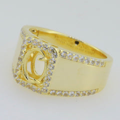 Men's yellow gold semi mount ring setting with Moissanite accents, designed for an 8x6mm oval stone.