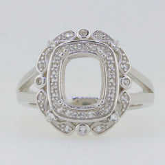 Sterling Silver Semi Mount Ring Setting with Cushion Halo design and White Topaz accents, 9x7mm.