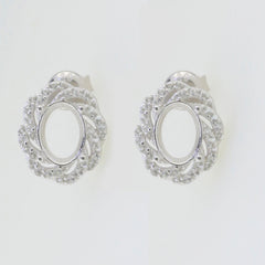 Sterling Silver Semi Mount Earrings Setting with Double Halo for Oval 8x6mm and White Topaz stones.