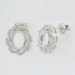 Sterling Silver Semi Mount Earrings Setting with White Topaz, Double Halo Design, Oval OV 8x6mm, Custom Made to Order