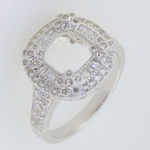 Sterling silver semi mount ring setting with cushion cut design and double halo accents featuring white topaz.