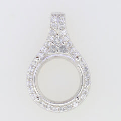 Sterling silver semi mount pendant setting with round halo of white topaz, perfect for custom gemstone placement.