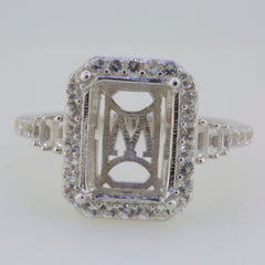 Sterling Silver Semi Mount Ring Setting with White Topaz stones, designed for 12x9mm Emerald centerpiece.