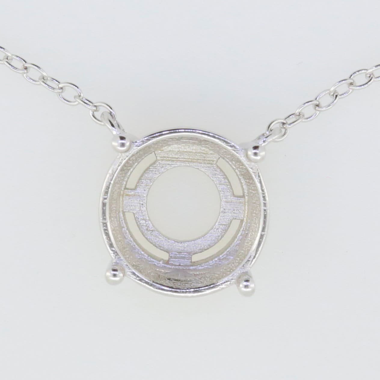 Sterling silver semi mount pendant setting with round 11x11mm solitaire for custom jewelry, includes 18" chain.