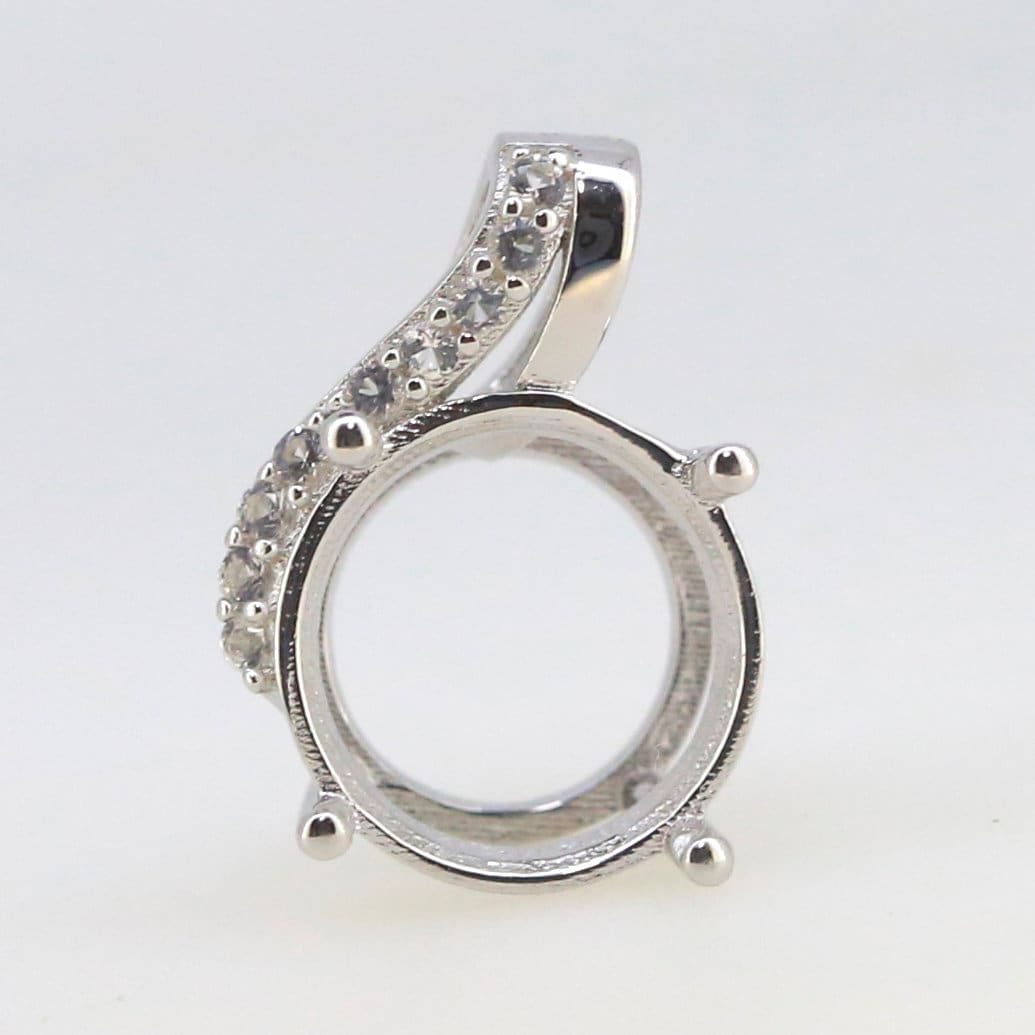 Sterling Silver Semi Mount Pendant Setting with White Topaz, Round RD 11x11 Halo design, perfect for custom gemstones.