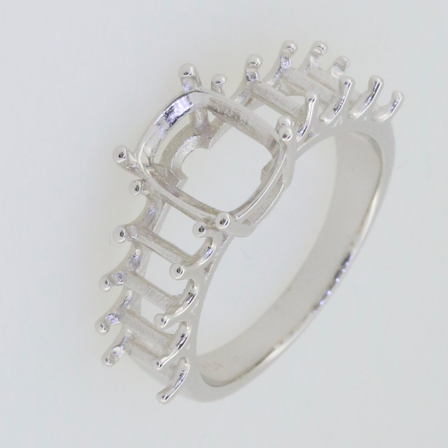 Sterling Silver Semi Mount Ring Setting for Cushion 9x7mm stones, designed for customization with 7 stone settings.