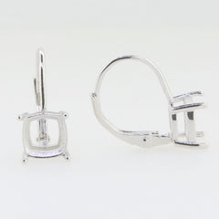 Custom sterling silver semi mount earrings setting with cushion placeholder for 8x7mm gemstone, dangle leverback style.