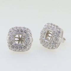Sterling silver semi mount earrings setting with cushion-shaped white topaz, double halo design, 7x7mm studs.