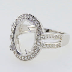 Sterling Silver Semi Mount Ring Setting featuring an oval halo design, perfect for cabochon gemstones.