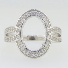 Sterling silver semi mount ring setting with oval halo for cabochon gemstones, customizable sizes available.