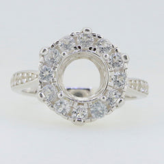 Sterling silver semi mount ring setting with round halo and moissanite accents, 8x8mm center stone.