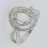 Sterling Silver semi mount ring setting with halo design, split shank, ready for custom gemstone installation.