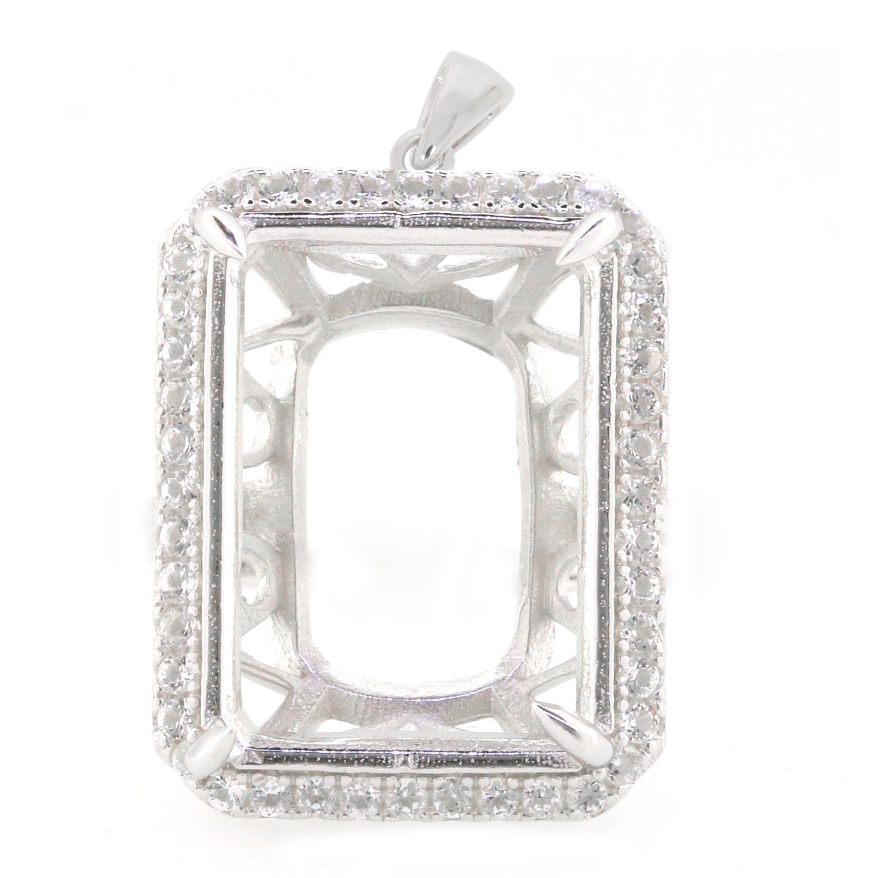Custom sterling silver semi mount pendant setting with halo and intricate design, ideal for emerald gemstone.