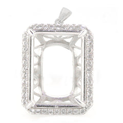 Custom sterling silver semi mount pendant setting with halo and intricate design, ideal for emerald gemstone.