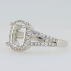 Sterling silver semi mount ring setting with cushion halo design for moissanite, featuring a split shank.
