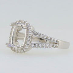 Sterling silver semi mount ring setting with cushion shape and white topaz halo, split shank design, customizable size.