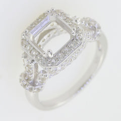 Sterling Silver Semi Mount Ring Setting with Asscher SQ 8x8mm Halo and White Topaz Accent for custom gemstone.