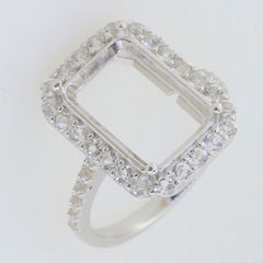 Sterling silver semi mount ring setting with halo of D Color Moissanite accents, perfect for custom gemstone placement.