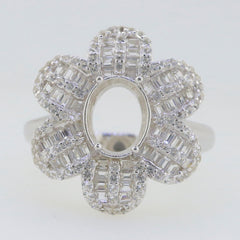 Sterling silver semi mount ring setting with floral design for 9x7mm oval gemstone