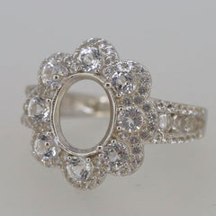Sterling Silver Semi Mount Ring Setting with Halo Floral Design and Oval Stone Placeholder
