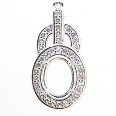 Sterling silver oval semi mount pendant setting with halo of D color moissanite, designed for custom gemstone sizing.