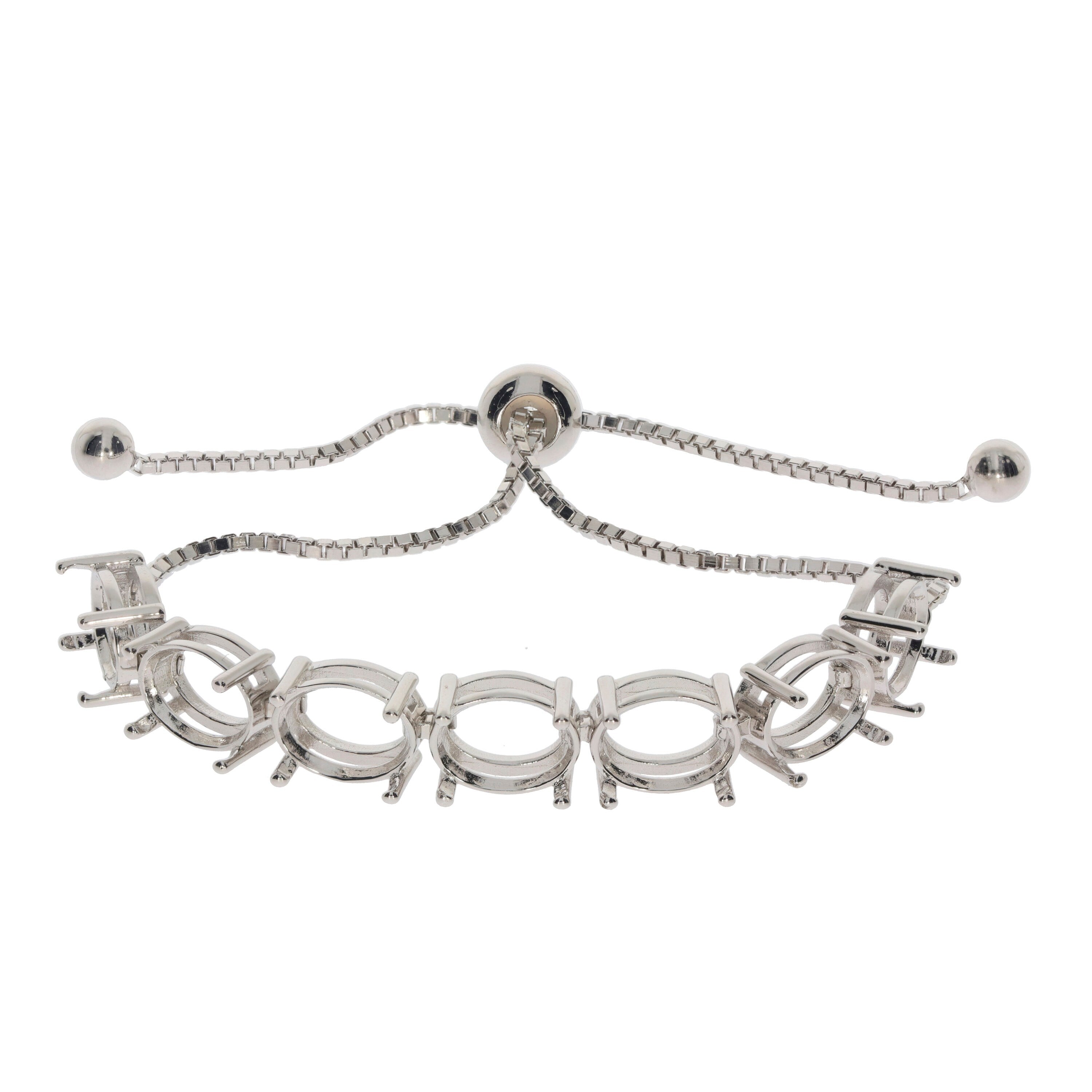 Sterling Silver Semi Mount Tennis Bracelet Setting with oval mounts for 9x7mm gemstones, adjustable clasp design.