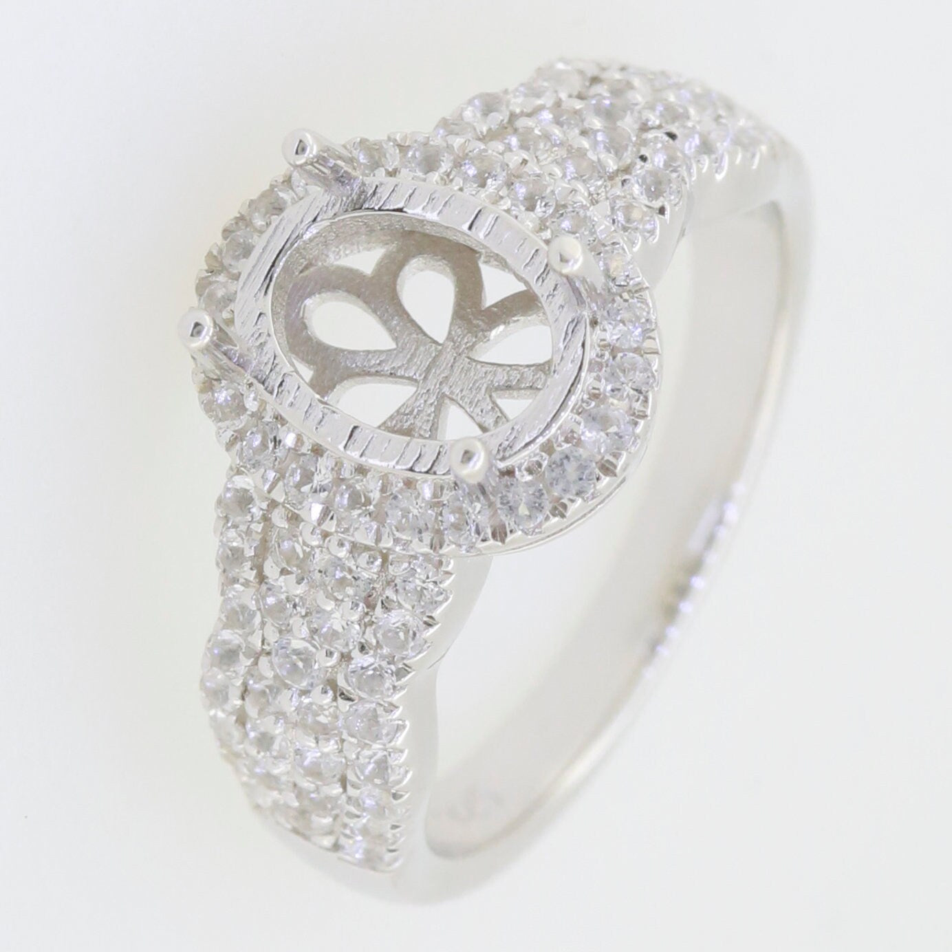 Sterling Silver Semi Mount Ring Setting with White Topaz, oval center for main gemstone, elegant design.