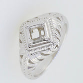 Sterling Silver Semi Mount Ring Setting, Asscher SQ 5x5mm, Art Deco style, perfect for custom gemstone placement.