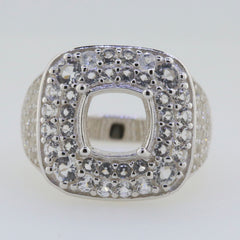 Sterling Silver semi mount ring setting with cushion double halo, featuring a sparkling design and space for a gemstone.