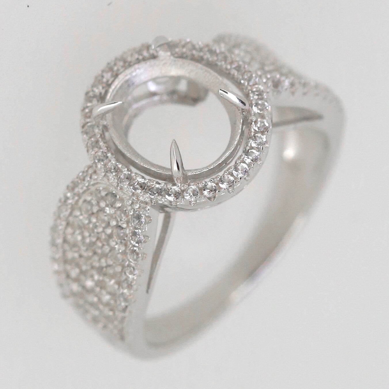 Sterling Silver Semi Mount Ring Setting with Halo for Oval 9x7mm Cabochon Gemstone