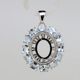Sterling silver semi mount pendant setting with oval halo design and aquamarine gemstones, handmade to order.
