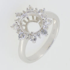 Sterling silver semi mount ring setting featuring an oval 10x8mm halo with moissanite accents.