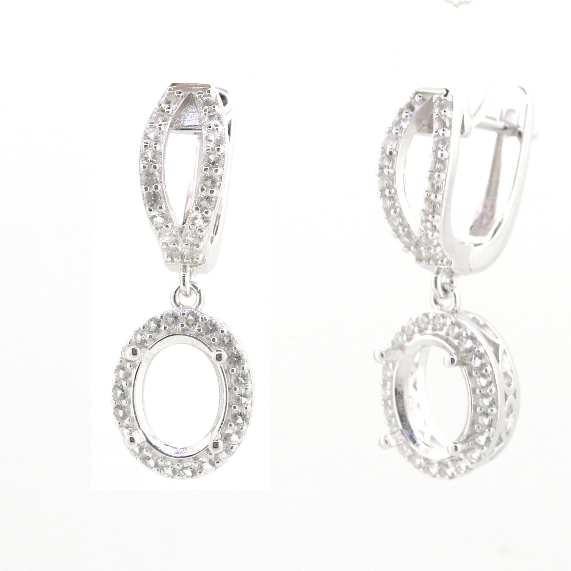 Sterling silver semi mount earrings setting with white topaz, oval dangle design, customizable gemstone size.