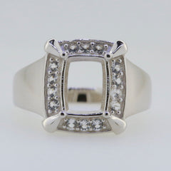 Men's sterling silver semi mount ring setting with square cushion and D color moissanite accents.