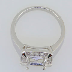 Men's sterling silver semi mount ring setting featuring a square cushion area for moissanite accent stones.