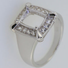 Men's Sterling Silver semi mount ring setting with square cushion and Moissanite accent stones.