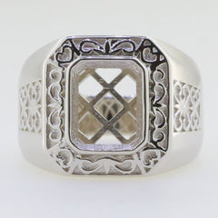 Men's sterling silver semi mount ring setting, features intricate fleur de lis design, designed for a custom gemstone.