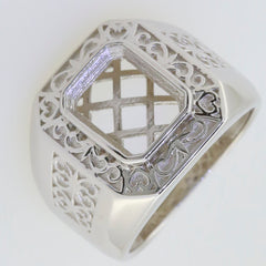 Men's sterling silver semi mount ring setting with intricate fleur de lis design and empty gemstone setting.