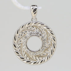 Sterling silver semi mount pendant setting featuring a round halo design with white topaz accents, designed for custom gemstones.