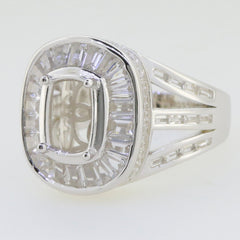 Sterling silver semi mount ring setting with a cushion halo and baguette design, ideal for custom gemstone setting.