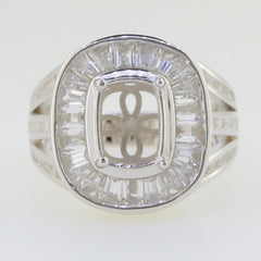 Sterling Silver Semi Mount Cocktail Ring Setting with Halo Baguette Design, elegant jewelry piece for main gemstone.