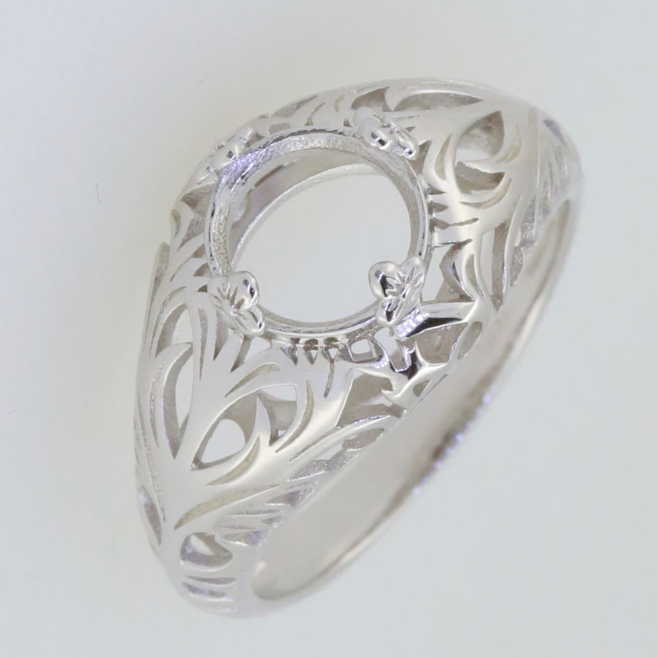 Sterling Silver Art Deco Semi Mount Ring Setting with intricate design for 8x8mm round gemstone.