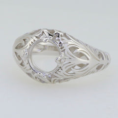 Sterling Silver Semi Mount Ring Setting with Art Deco floral design, ready for customized gemstone fitting.