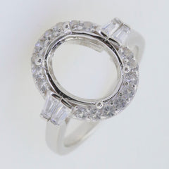Sterling Silver Semi Mount Ring Setting with Oval Halo of White Topaz gemstones, customizable design for various sizes.