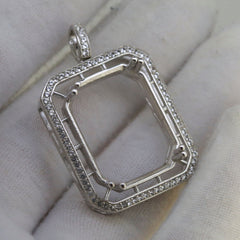 Sterling silver semi mount pendant setting with white topaz halo, designed for gemstone customization.