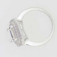Sterling silver semi mount ring setting with double halo and emerald cut moissanite, featuring white topaz accents.