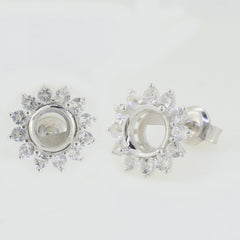 Sterling silver semi mount earrings setting with white topaz in double halo design, perfect for custom gemstone placement.