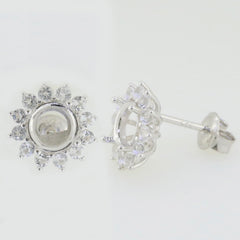 Sterling silver semi mount earrings setting with white topaz, featuring a round 6x6mm stud and double halo design.