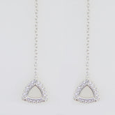 Sterling silver semi mount earrings setting with halo white topaz in trillion shape, elegant drop design.